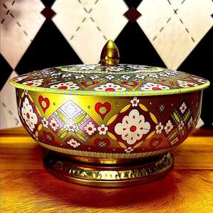 Ornate Vintage Gold Floral Tin Box with Lid – Pedestal Candy or Jewelry Case